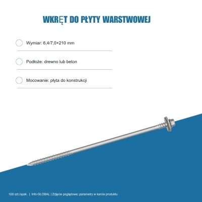 Wkręt do płyty warstwowej Info-GLOBAL ARW 0 CSG 6,4/7,0×210 mm, bez lakieru, 100 szt.